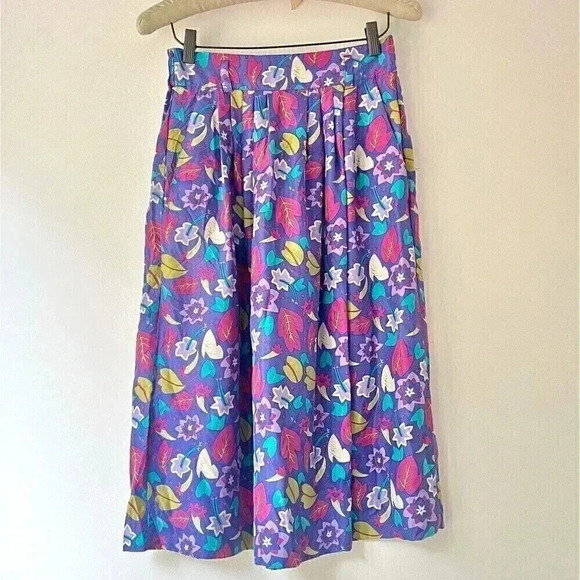 Vintage 80’/90’s 100% Silk Bright Floral Retro Midi Skirt A-line Women’s Size 10 - Picture 3 of 16